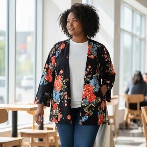 ROBIN ARTIZAN (1X) Floral Black Kimono Blazer Vibrant Lightweight Stretch NWT